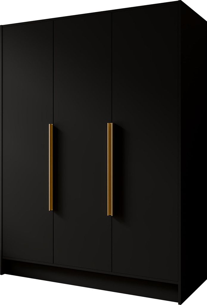 Kleiderschrank im Skandi-Stil – Drehtüren mit Goldene Metallgriffe – 150 cm Breit Garderobenschrank mit viel Stauraum für Ankleide – Schwarz