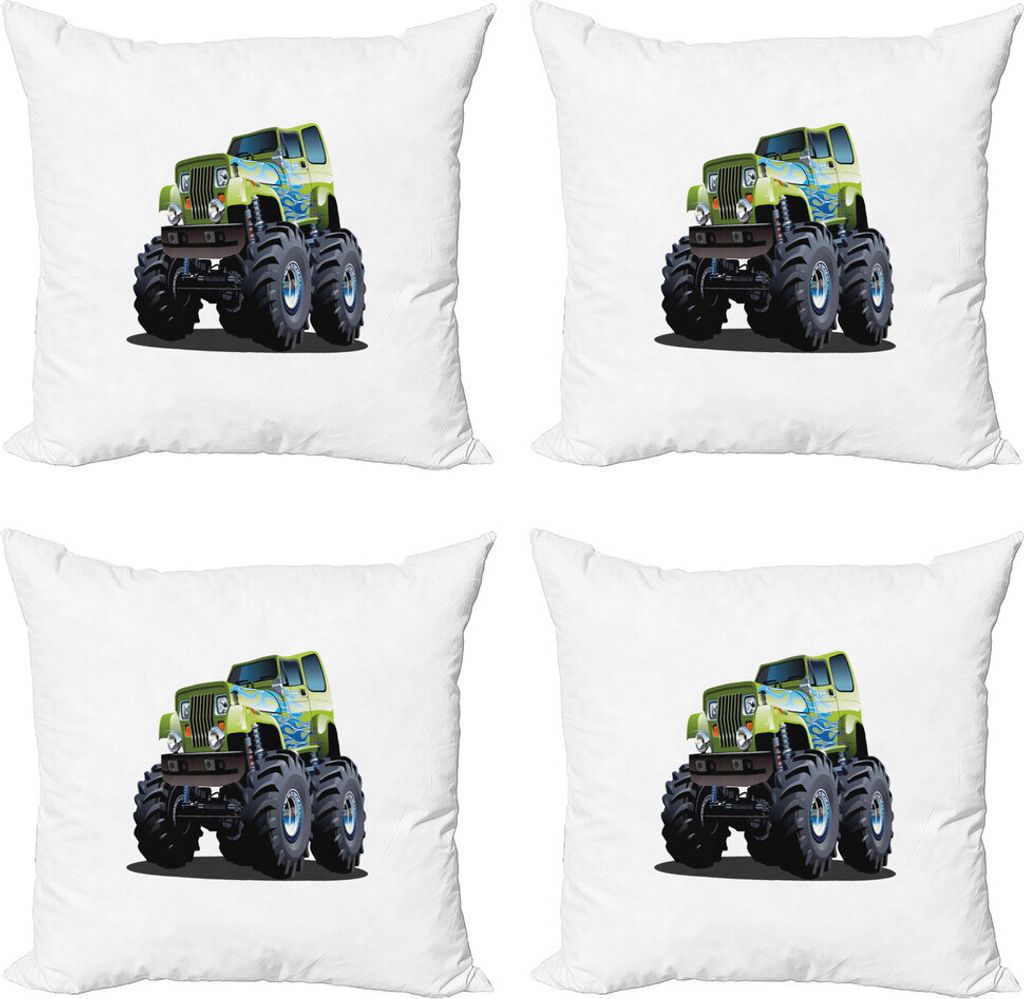 ABAKUHAUS Lastwagen Kissenbezug Set (4 Stück), Monster Truck Off Road, Moderner Doppelseitiger Digitaldruck, 60 cm x 60 cm, Apfelgrün Dunkel Taupe