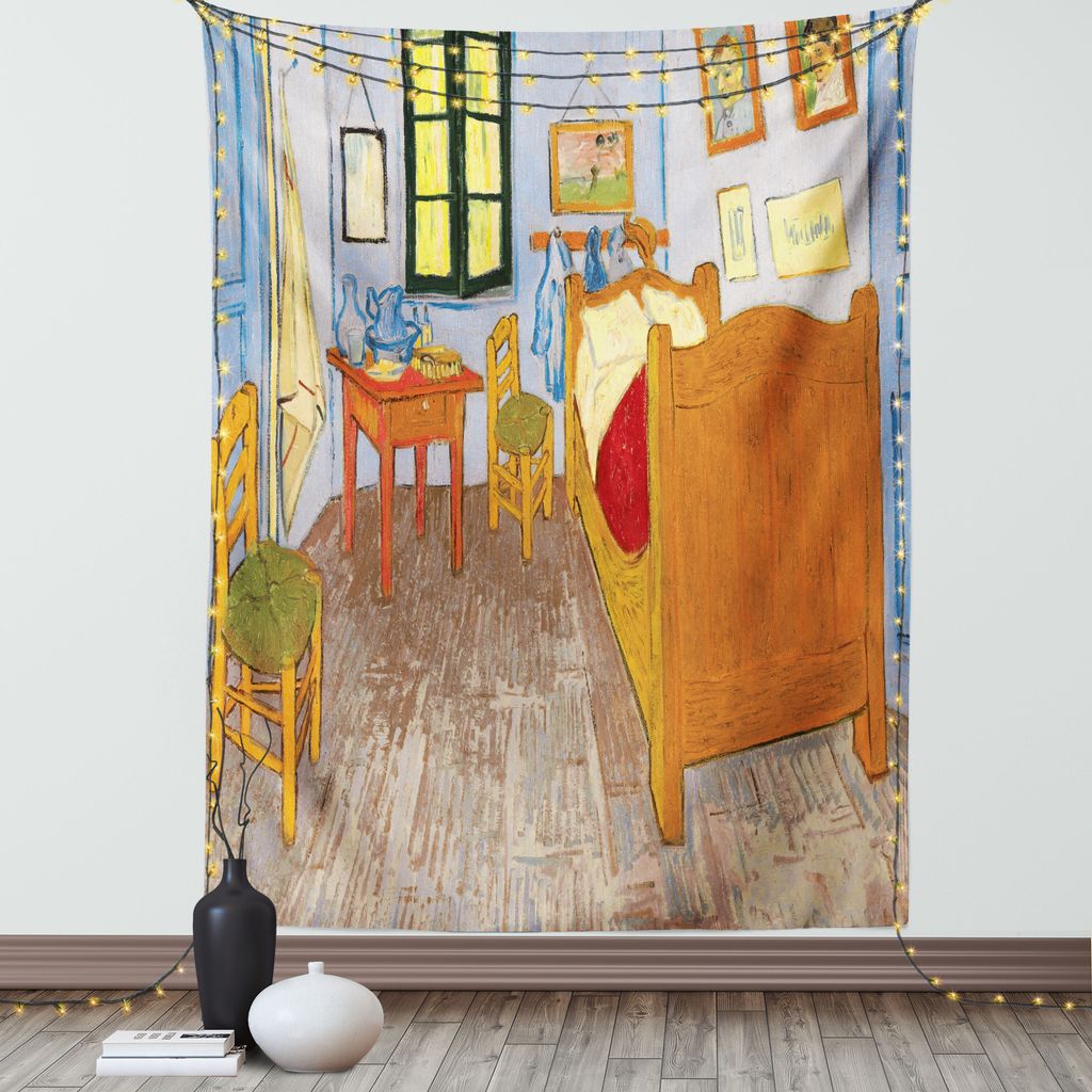 ABAKUHAUS Kunst Wandteppich, Malerei Style Room Interior mit Bett gehängt Bilder Tabelle und Stühle in der Nähe des Fensters, Wohnzimmer Schlafz...