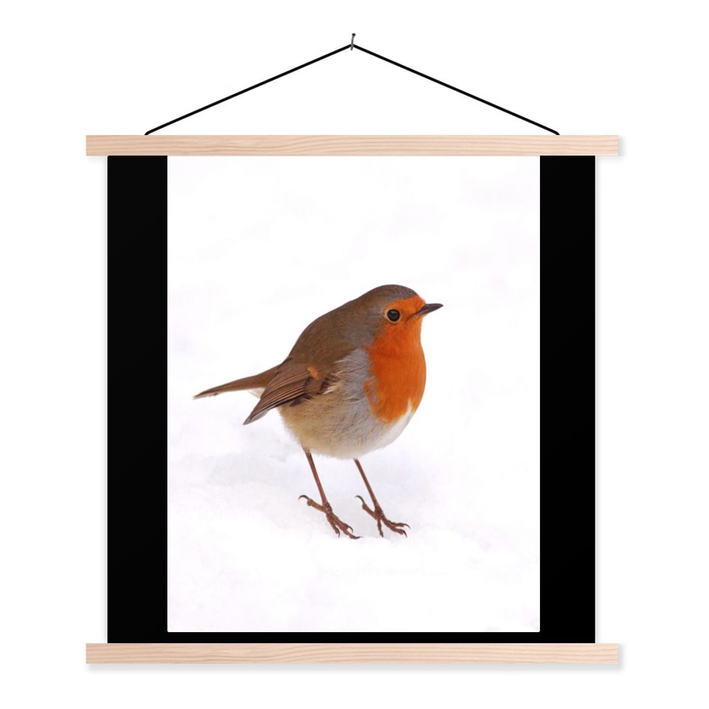 MuchoWow Textilposter Vogel - Rotkehlchen - Schnee 60x80 cm mit holzfarbenen Rahmen - Wandbild
