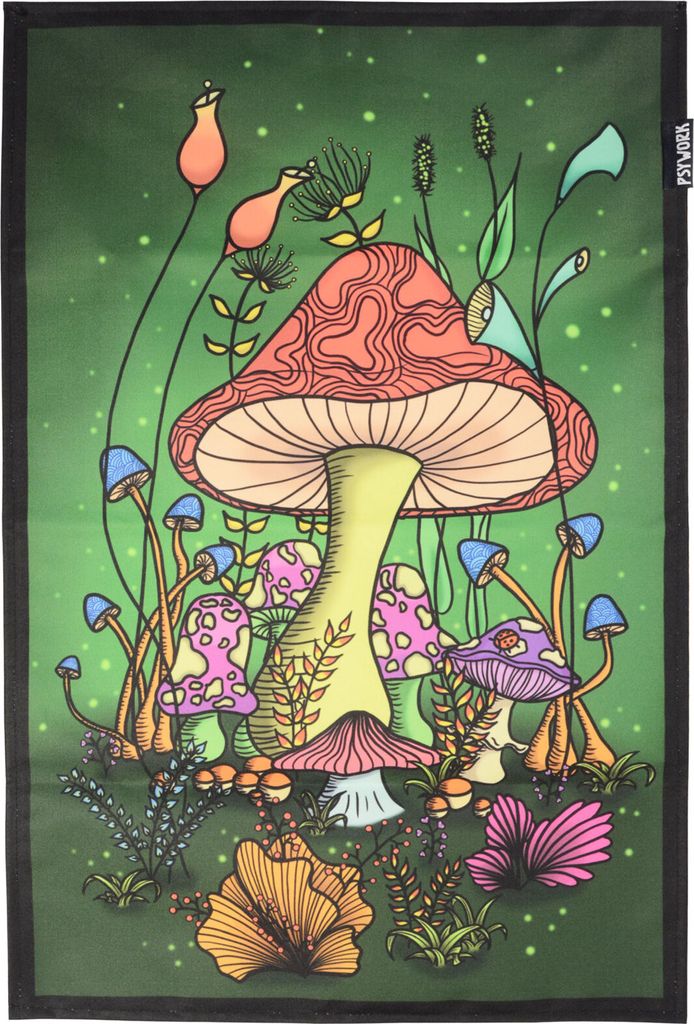 PSYWORK Schwarzlicht Stoffposter Neon Magic Mushroom Wonderland, 40x60cm UV-aktiv Wandbehang Fantasy Poster Wandbild Kunstdruck Stoffbild Dekoration