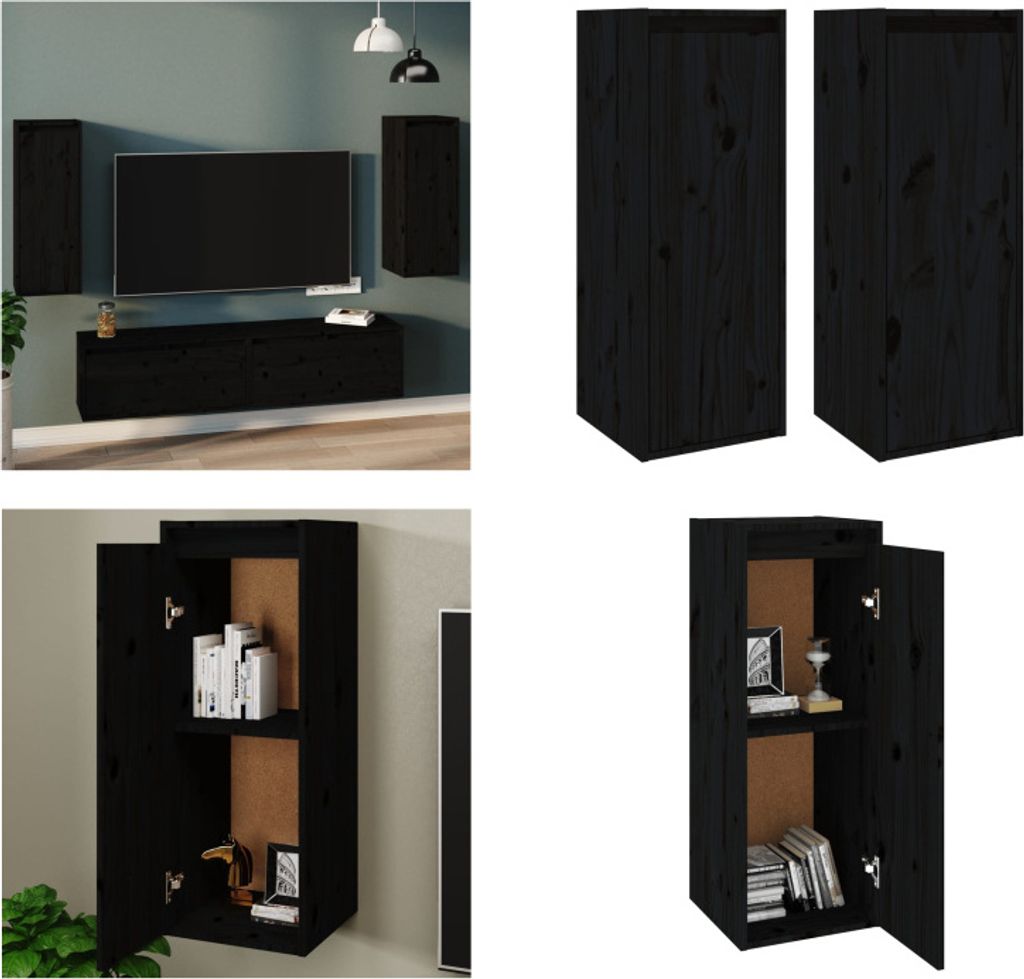 vidaXL Wandschränke 2 Stk. Schwarz 30x30x80 cm Massivholz Kiefer - Wandschrank - Wandschränke - Holz Wandschrank - Hängeschrank