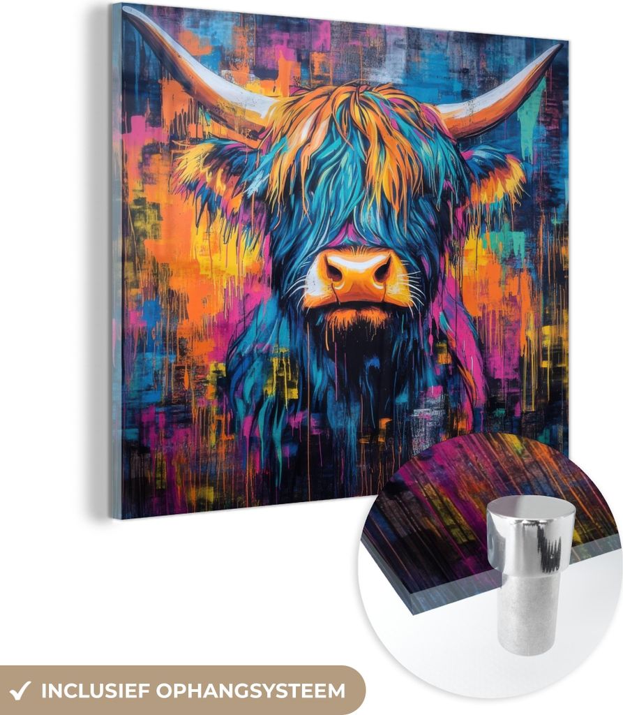 MuchoWow Glasbilder - Bilder auf Wandbild - Foto auf Glas Schottisches Hochlandrind - Abstrakt - Farbenfroh 40x40 cm Wanddekoration aus Glas - Acry...
