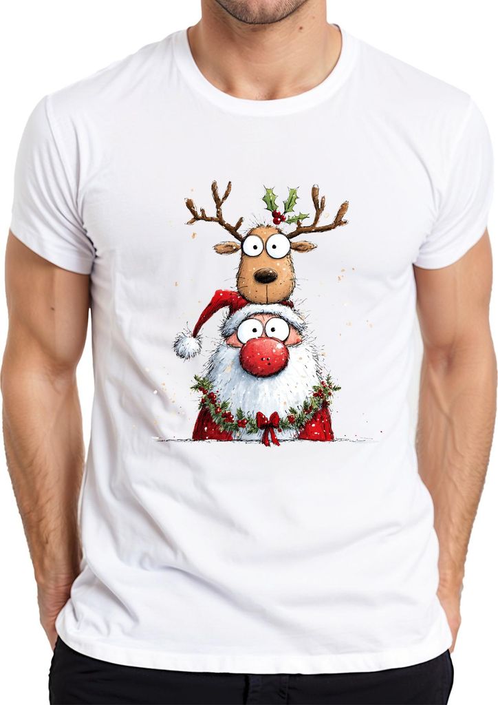 Weihnachtsmann Rentier Cartoon lustig Weihnachten Geschenk Kinder Herren T-Shirt, Weiß, XL