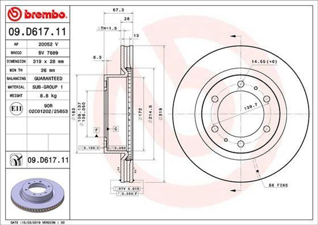 BREMBO 09.D617.11 Bremsscheibe OE 435120K090 kompatibel mit Hilux