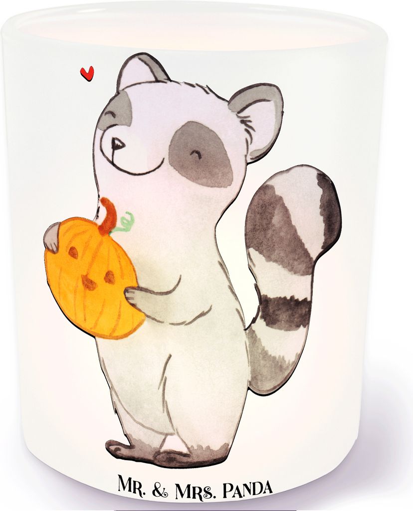 Mr. & Mrs. Panda Teelichthalter Waschbär Kürbis - Transparent - Geschenk, Dekoration, Teelicht Glas, Trick Or Treat, Windlicht Klein, Halloween, ...