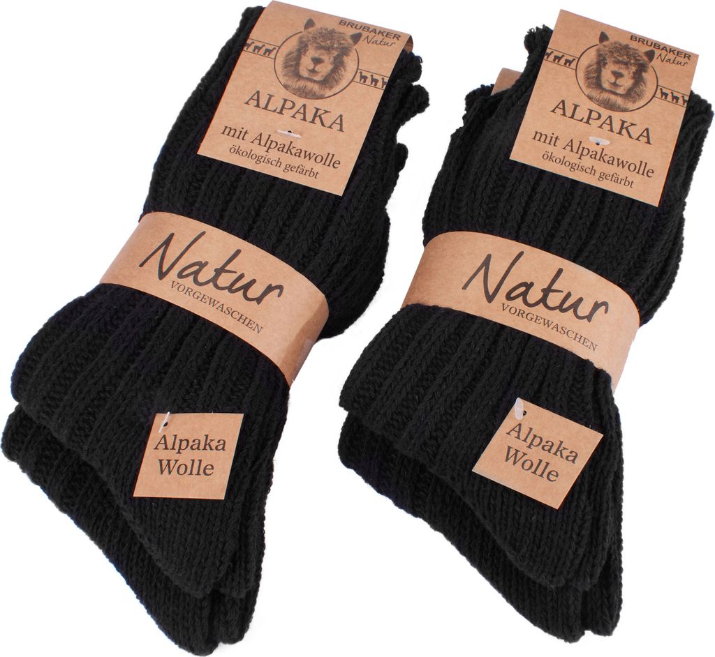 BRUBAKER 4 Paar Alpaka Socken mit Alpakawolle - Wintersocken Set für Damen und Herren, Schwarz, 39-42