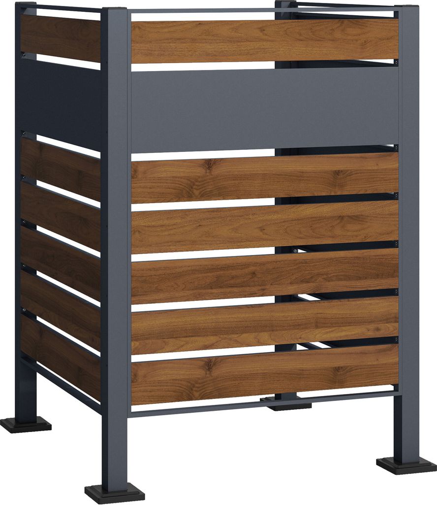 Wiltec Mülltonnenzaun aus Stahl in Holzoptik, Mülltonnenverkleidung für eine Tonne 60-240l, Mülltonnenbox, Sichtschutzzaun