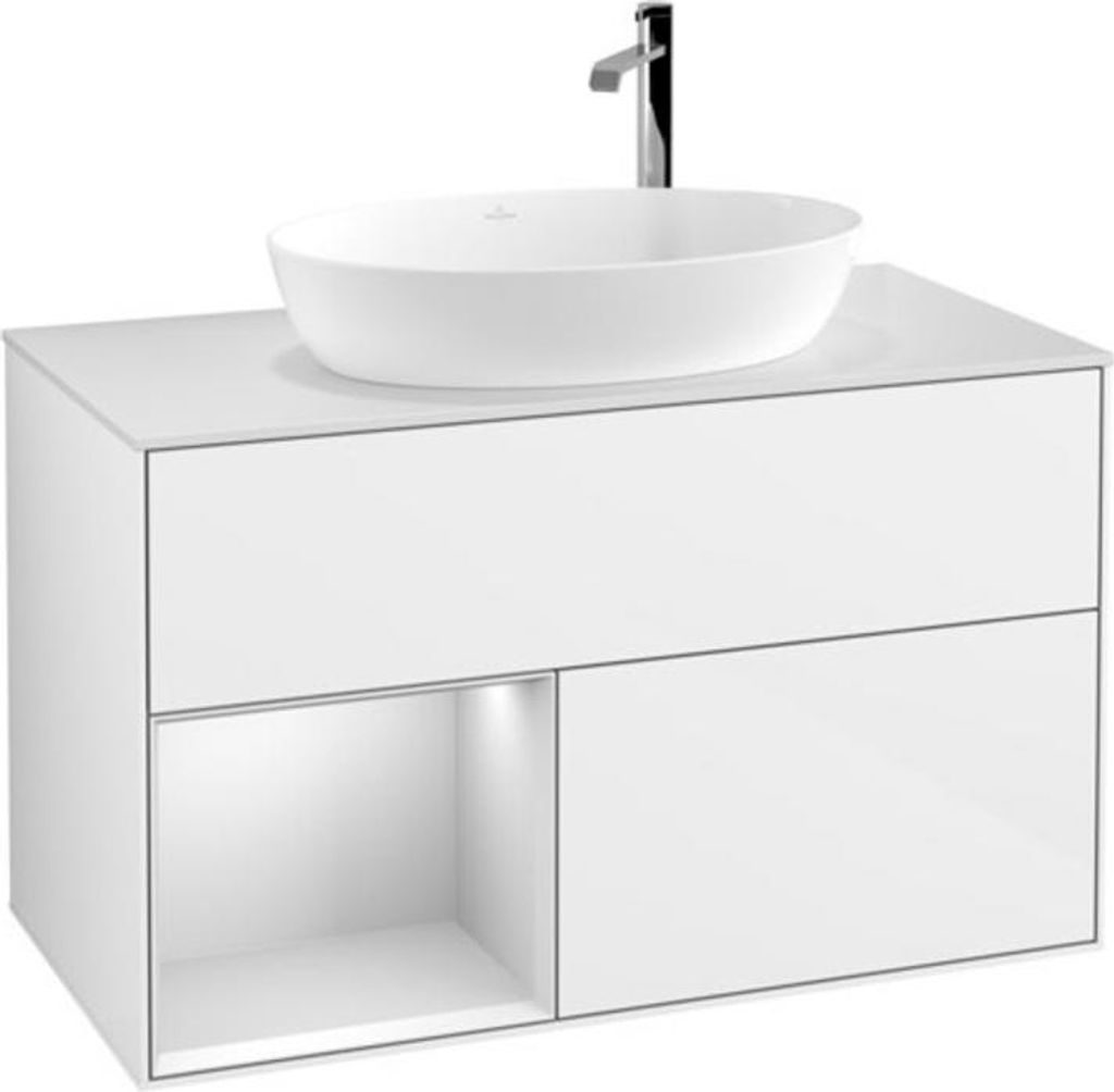 V&B Waschtischunterschrank Finion 100, Pl w m, Reg wh. m Lac, glo wh. Lac