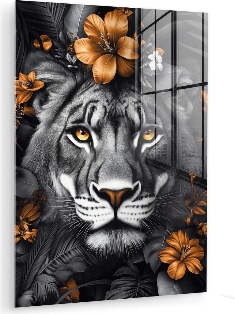 MuchoWow Glasbilder - Bilder auf Wandbild - Foto auf Glas Tiger - Schwarz und Weiß - Gold - Blumen - Botanisch 60x80 cm Wanddekoration aus Glas - ...