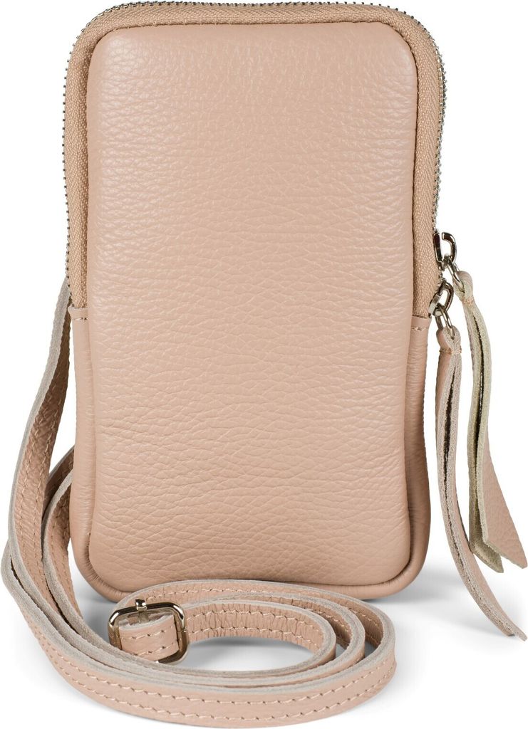 styleBREAKER Damen Leder Handy Umhängetasche mit genarbter Oberfläche, Reißverschluss, Echtleder Mini Bag 02012374