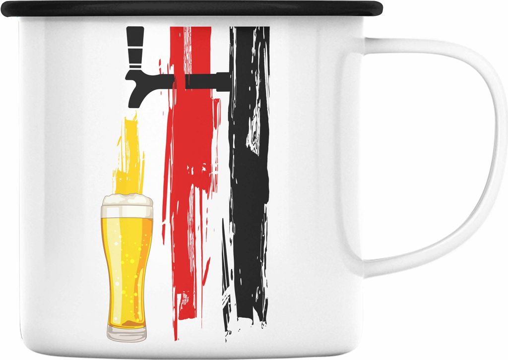 Trendation - Bier Geschenke für Männer Emaille Tasse mit Deutschlandflagge und Bier Grafik (Schwarz)