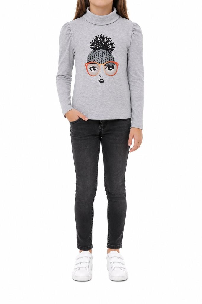 Stummer Rollkragenshirt Mädchen Grau Gr. 128 – Langarmshirt mit Strasssteinen