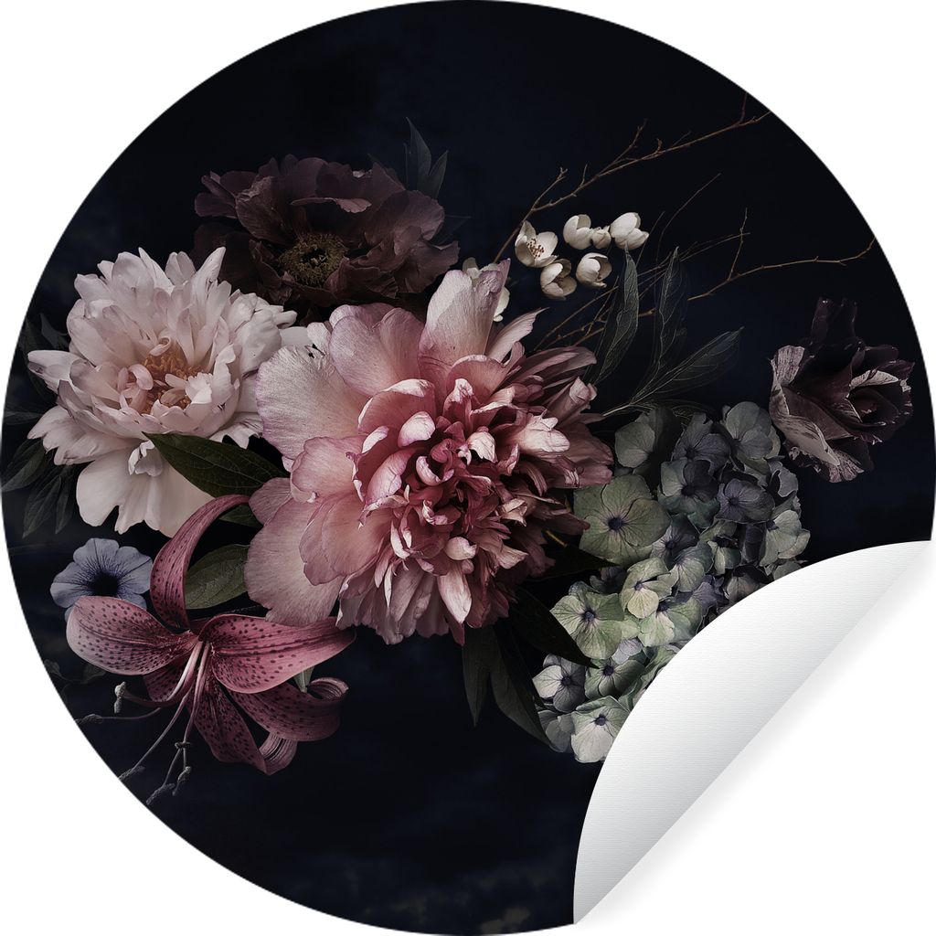 MuchoWow Runde Wandtattoo - Wandsticker Tapete Aufkleber Blumen - Vintage - Pastell - Rosa - Weiß Ø 50 cm Selbstklebend und Repositionierbar - ...