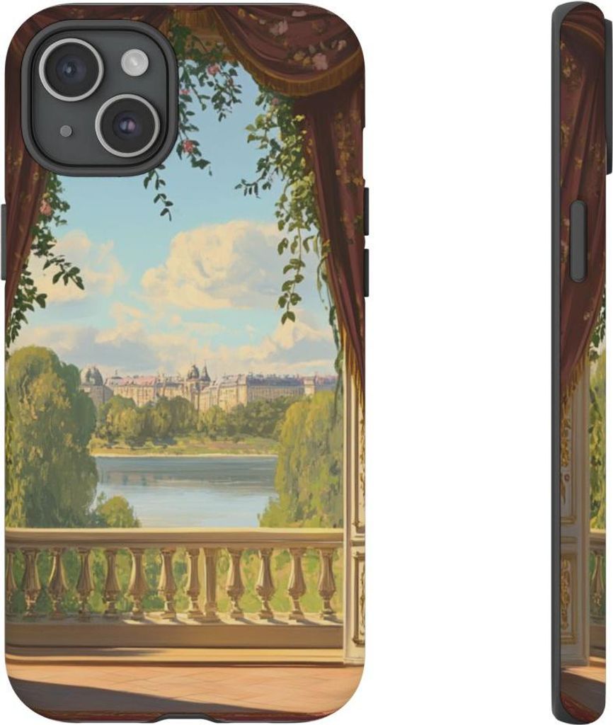 Elegante Balkonansicht mit floralen Vorhängen – Hülle Kompatibel mit iPhone 15 Plus