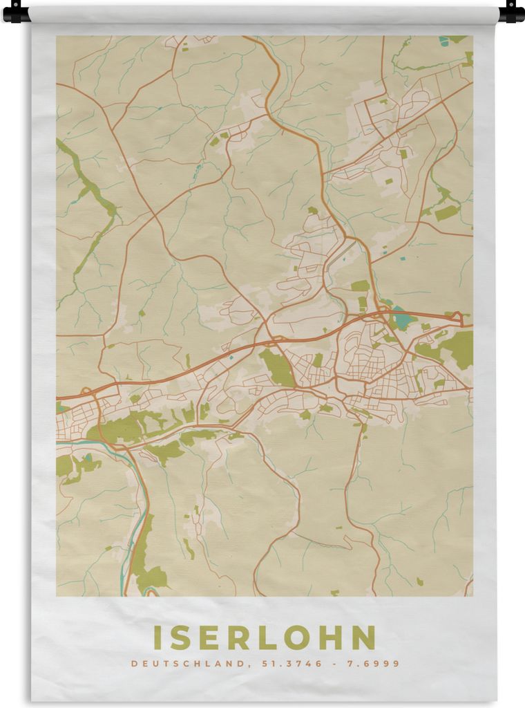 MuchoWow Wandteppich Wandbehang Karte - Iserlohn - Karte - Stadtplan - Vintage 90x135 cm Tapisserie Dekoration Wandtuch - Baumwolle - Wandskulptur
