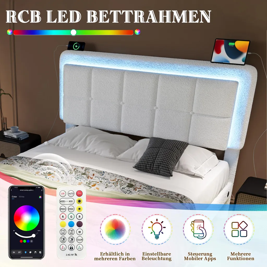 Lit 160x200cm robuste anti-grincement avec tête réglable et USB LED - 4