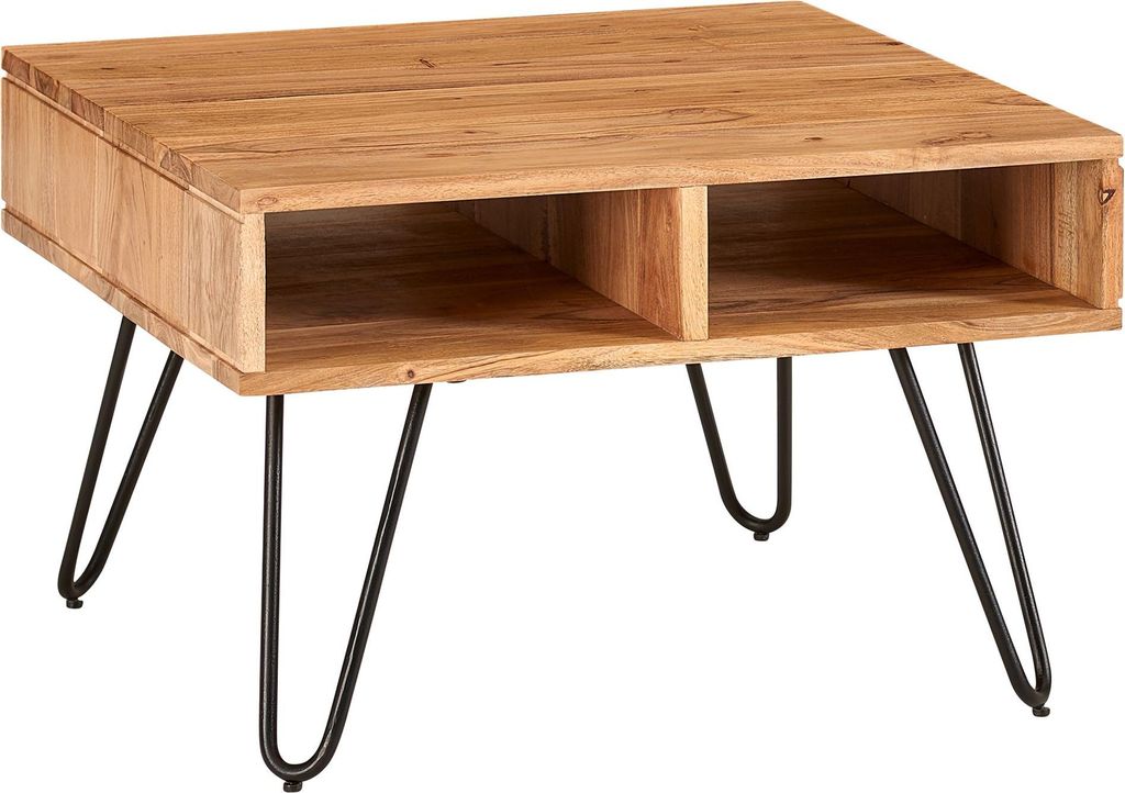 Couchtisch Akazie Massivholz Metall in Gesamtansicht mit zwei offenen Fächern und schwarzen Metallbeinen.