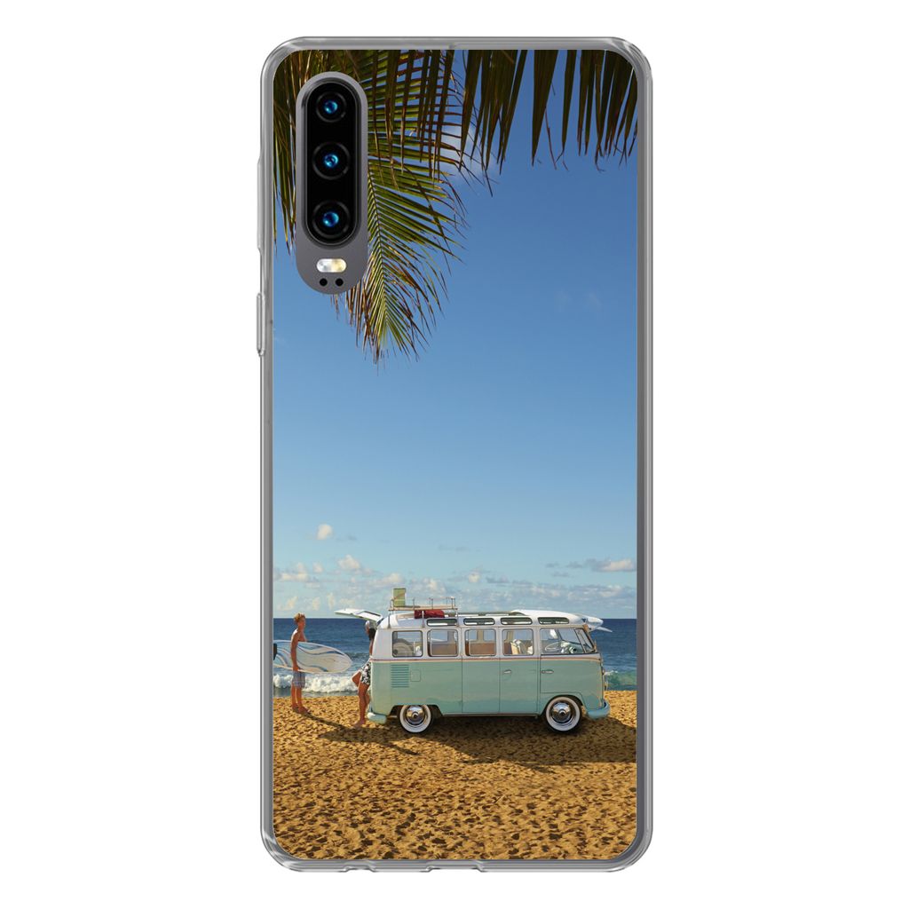 MuchoWow Handyhülle Schutzhülle Hülle für Huawei P30 Strand - Bus - Surfen Silikon Softcase Handy Hülle - Kartenbesitzer