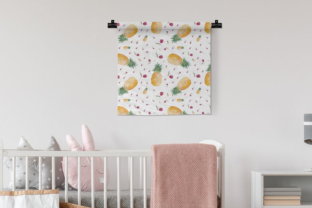 MuchoWow Wandteppich Wandbehang Ananas - Kirschen - Aquarelle 60x60 cm Tapisserie Dekoration Wandtuch - Dekorationen - Wand Decke