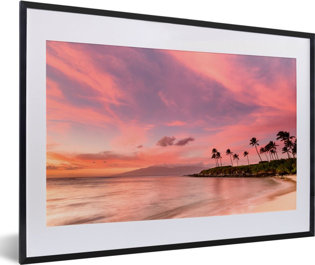 MuchoWow MuchoWow Gerahmtes Poster Strand - Palme - Rosa 60x40 cm - Poster mit zchwarzem Bilderrahmen - Schlafzimmer - Plakat in Rahmen - Drucken