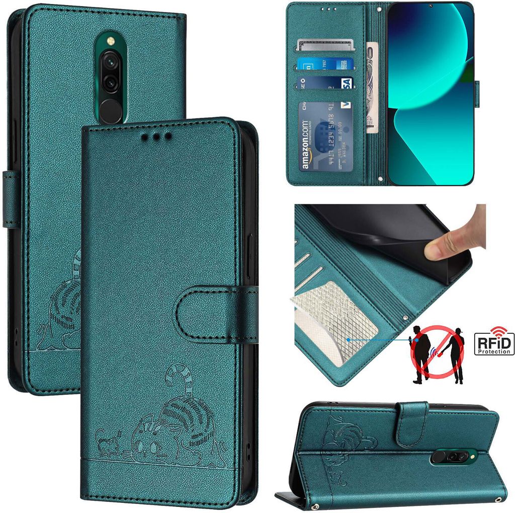 Leder Hülle für Xiaomi Redmi 8 Süße Katze Flip Case Brieftasche Schutzhülle mit Standfunktion Grün