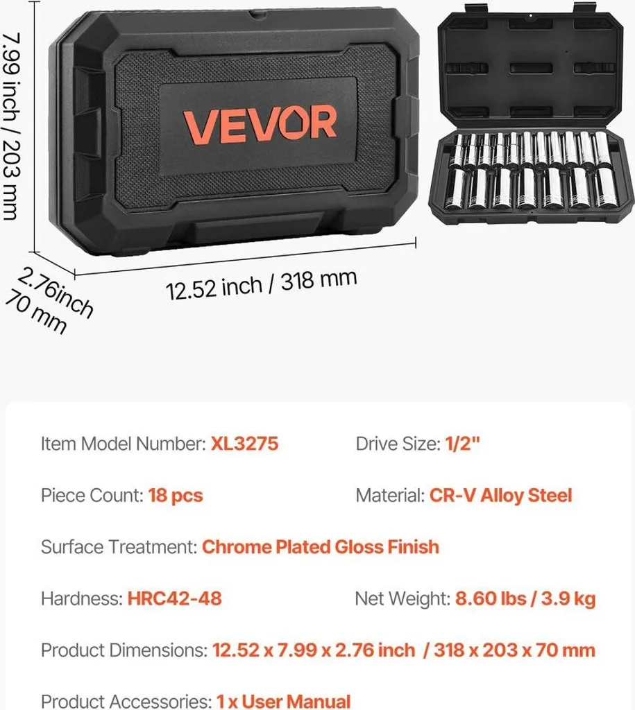 Set di chiavi a bussola, 18 pezzi, set di chiavi a bussola con attacco da 12,7 mm, misure metriche da 10 a 27 mm, kit di utensili meccanici con custodia, marcature chiare, acciaio legato CR-V cromato, per riparazioni automobilistiche - 7
