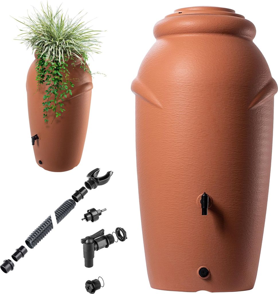 KADAX Regenwassertank, 210 l, Wasserfass, Behälter mit Wasserhahn, Blumentopf-Set