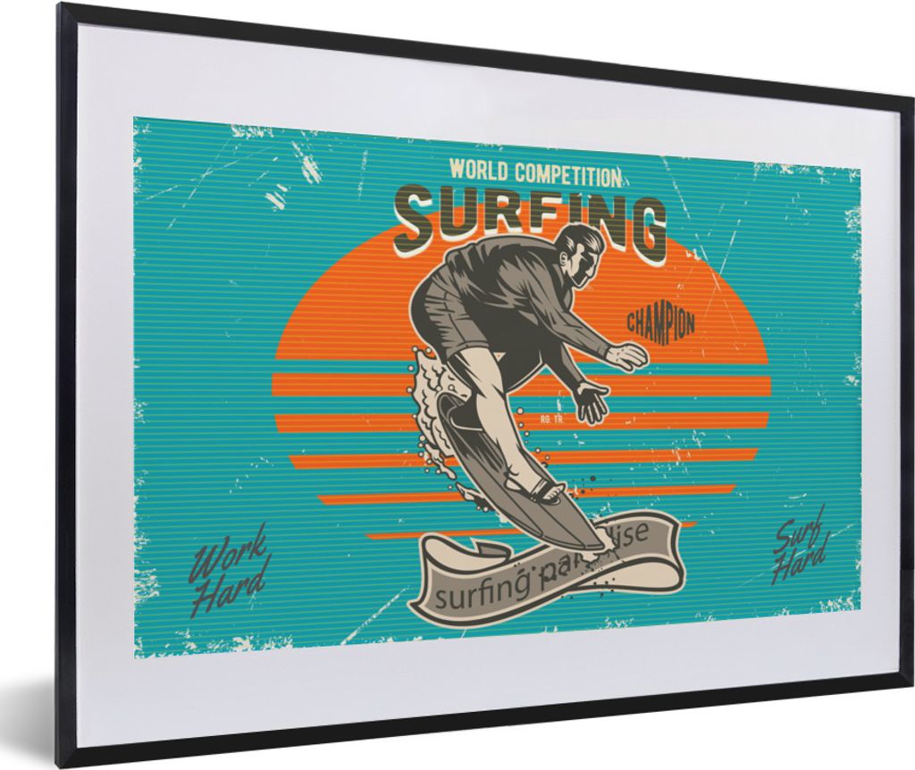 MuchoWow MuchoWow Gerahmtes Poster Vintage - Surfen - Surfbrett 60x40 cm - Poster mit zchwarzem Bilderrahmen - Schlafzimmer - Plakat in Rahmen ...