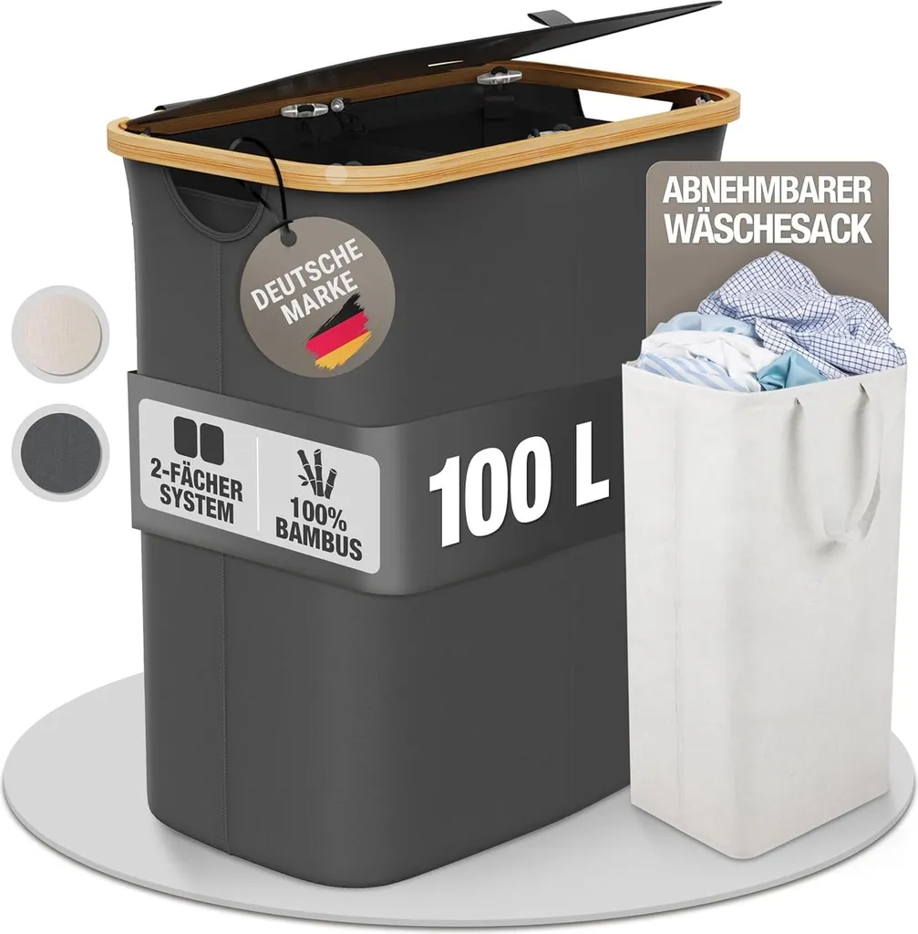 Bac à linge 100L pour buanderie en bambou gris et double compartiment