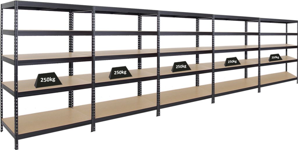 Mega Deal | 5x Schwerlastregal Rivet | HxBxT 180x120x60 cm | Fachlast 250kg | Schwarz