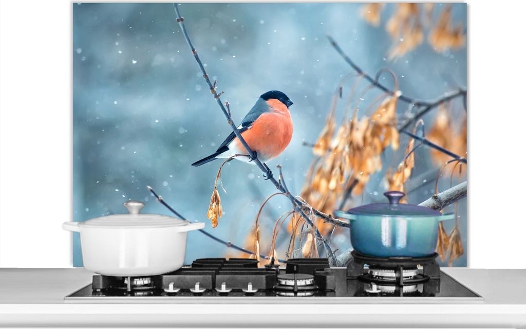 KitchenYeah Spritzschutz Küche - Küchenrückwand - Wandschutz für Herd und Spüle - Schnee - Vogel - Tier 100x65 - Alu-Dibond (Alternative zu...