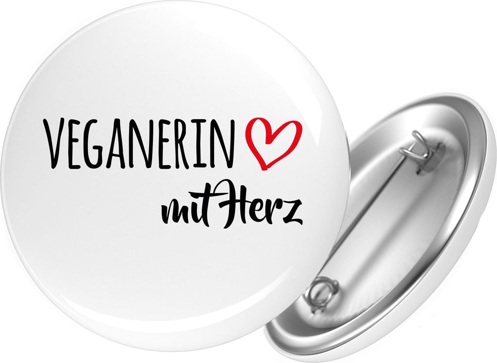Huuraa Button Veganierin mit Herz 25mm rund mit Sicherheitsnadel Ansteckbutton Geschenkidee