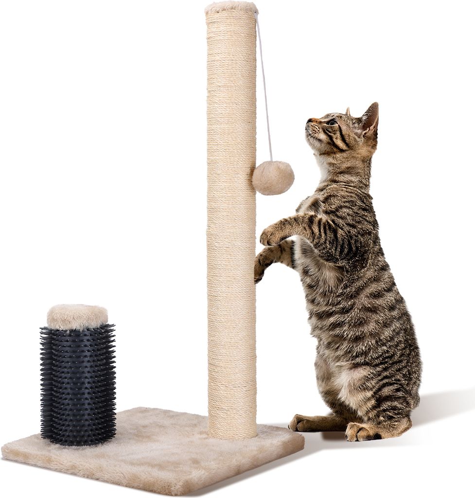Katzenkratzbaum mit Bürste,Kratzsäule für Katze Kratzstamm aus Jute und Widerstandsfähigem Stoff mit Plüschball