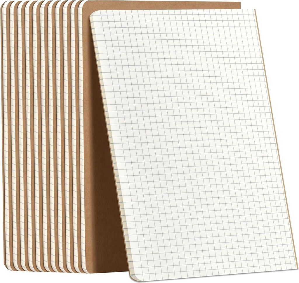 Notizbuch A5 kariert, 12 Stück Kraft Cover Notizheft mit 36 Blatt, Heft für Büro und Schule
