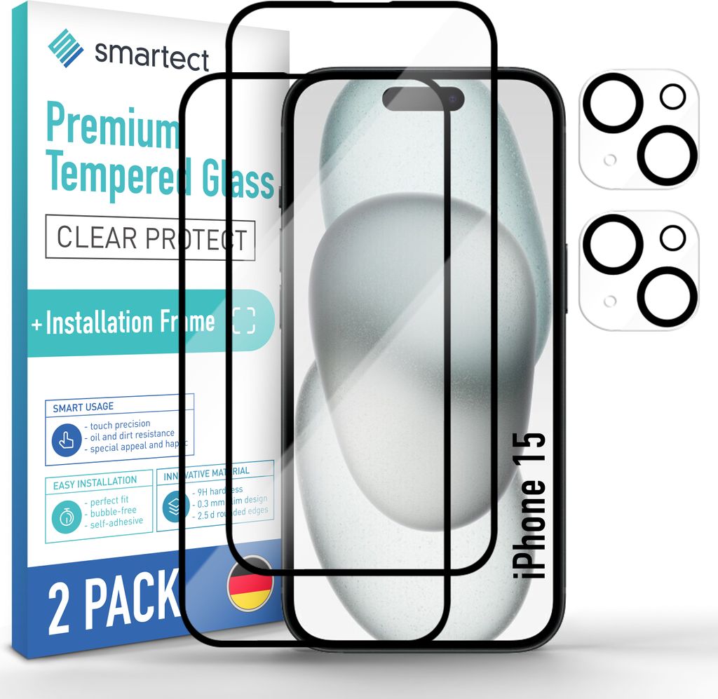 2x Schutzglas Full Screen Klar für iPhone 15 Anbringhilfe + Produktbild 