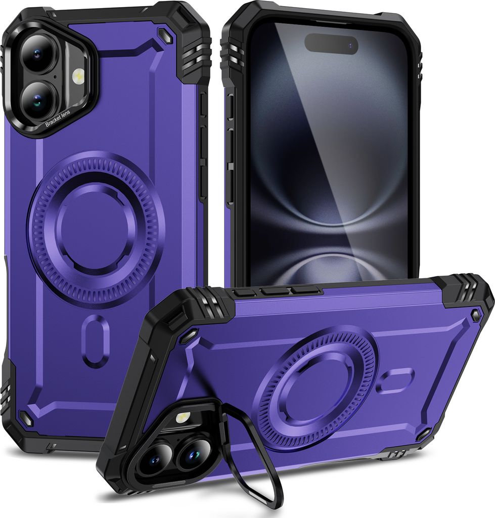 Magnetisch Hülle für iPhone 16 Plus, Heavy Duty Militärischer Stoßfest Handyhülle Kamera-Ringständer Lila