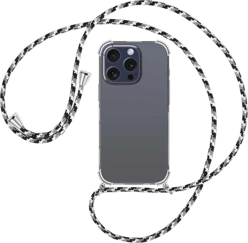 Handykette Backcover-Schutzhülle mit Band (Metall silberfarben) für iPhone 16 Pro - schwarz/grau/weiß