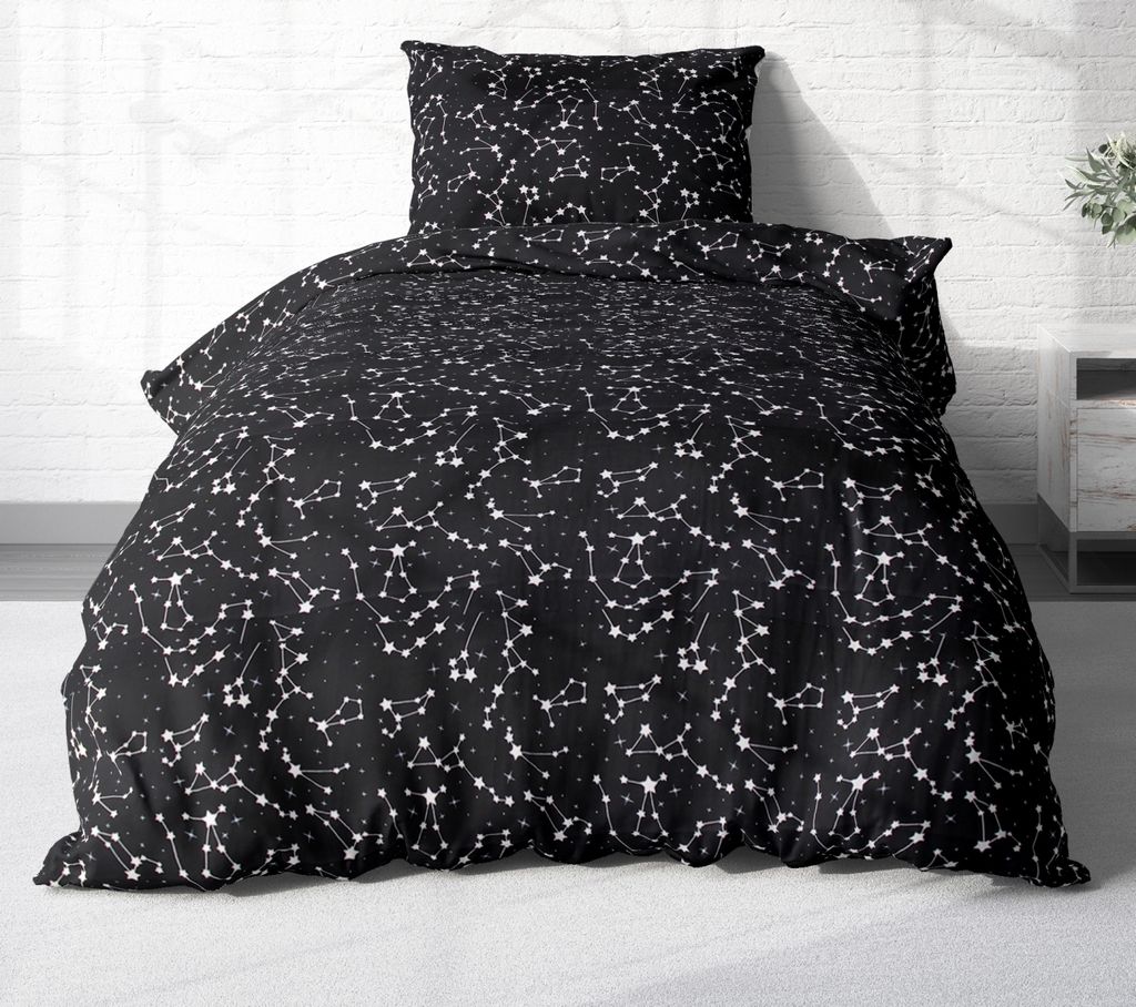 2-teilige Renforce Bettwäsche 135x200cm und 80x80cm - Sternenhimmel, Sternzeichen in Schwarz und Weiß - 100% Baumwolle, Bettgarnitur (KY-540/1-Re...