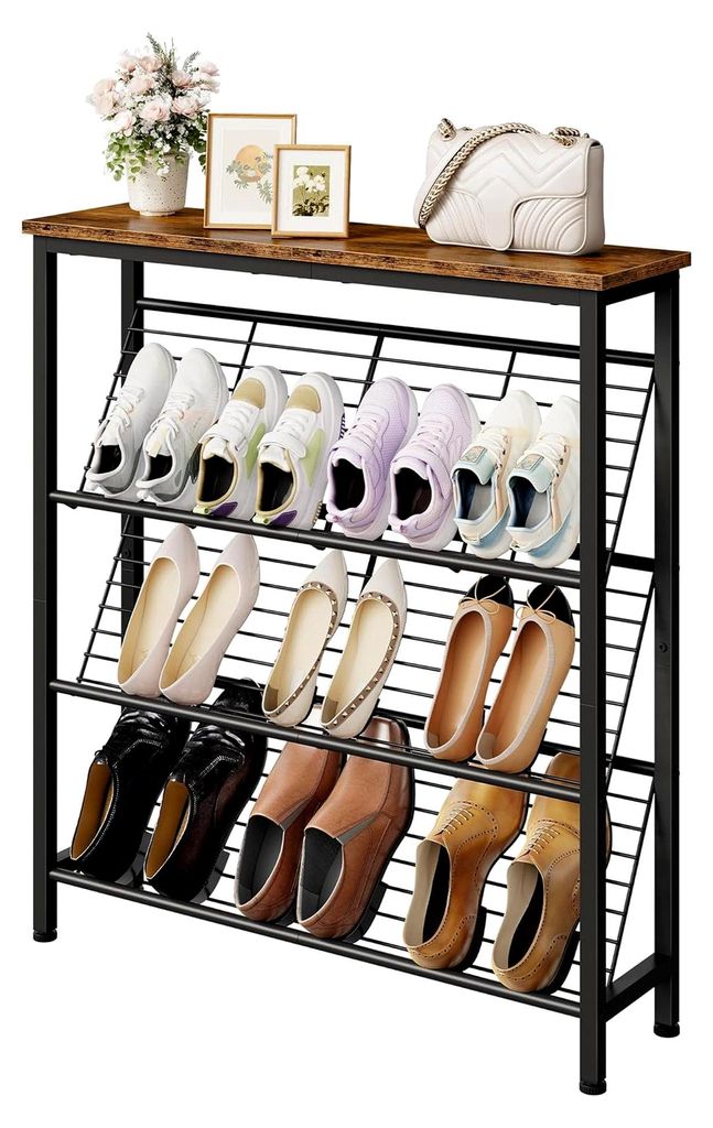 Schuhregal, 4-stufiges Regal für 9 Paar Schuhe, geneigt, mit Holzplatte und Metallgitterablagen, im Industrial-Stil, für Eingangsbereich und Flur...