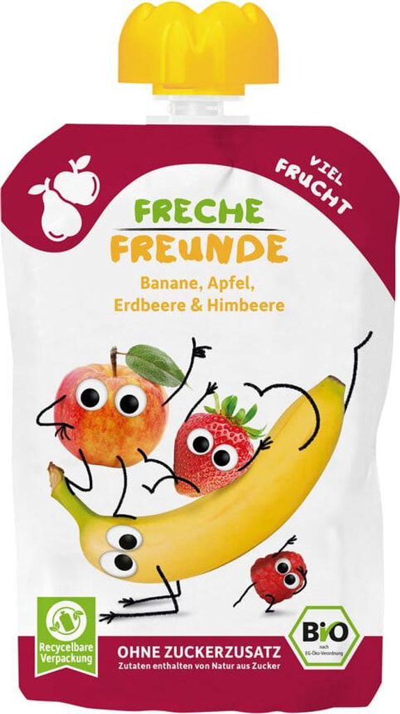 MUS BANAN - JABŁKO - TRUSKAWKA - MALINA BEZ DODATKU CUKRÓW BEZGLUTENOWY OD 6 MIESIĄCA BIO 100 g - FRECHE FREUNDE