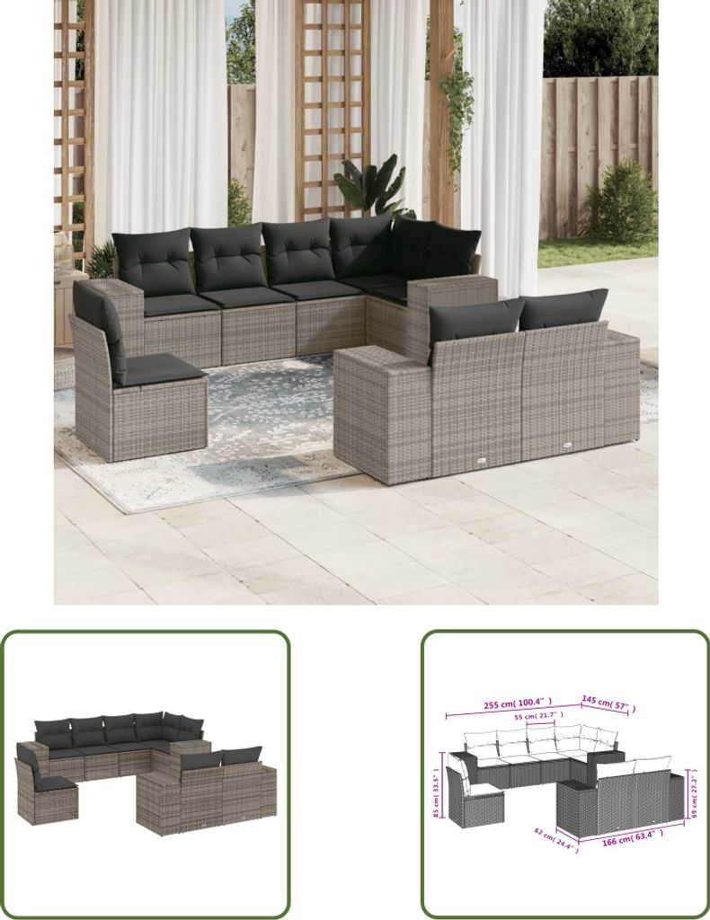 The Living Store 8-tlg. Garten-Sofagarnitur mit Kissen Grau Poly Rattan