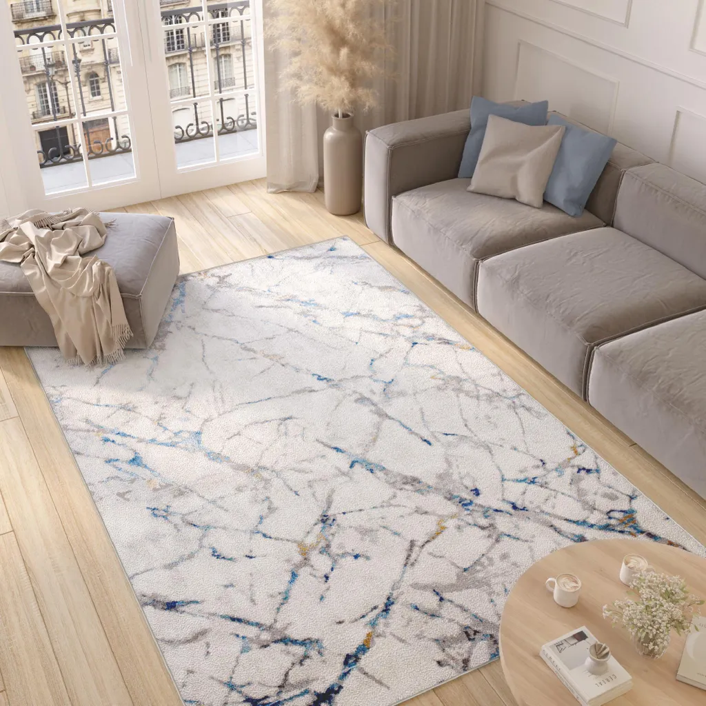 Tapis chic VALLEY beige bleu marron 80x150 cm poils courts et résistant