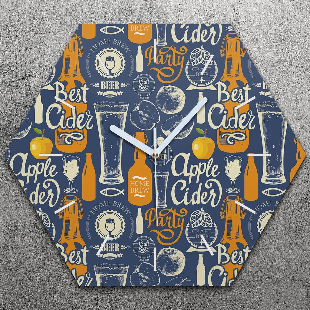 Uhr hexagonal 40 cm Glas Geräuschlos weiße Zeiger - Bier Apfelwein und Apfel