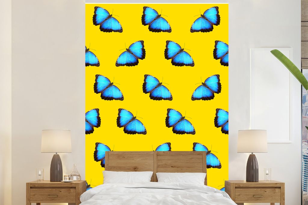 MuchoWow Fototapete für Wohnzimmer oder Schlafzimmer Wandtapete Vinyl Motivtapete Schmetterlinge - Blau - Muster - 180x280 cm - Wallpaper