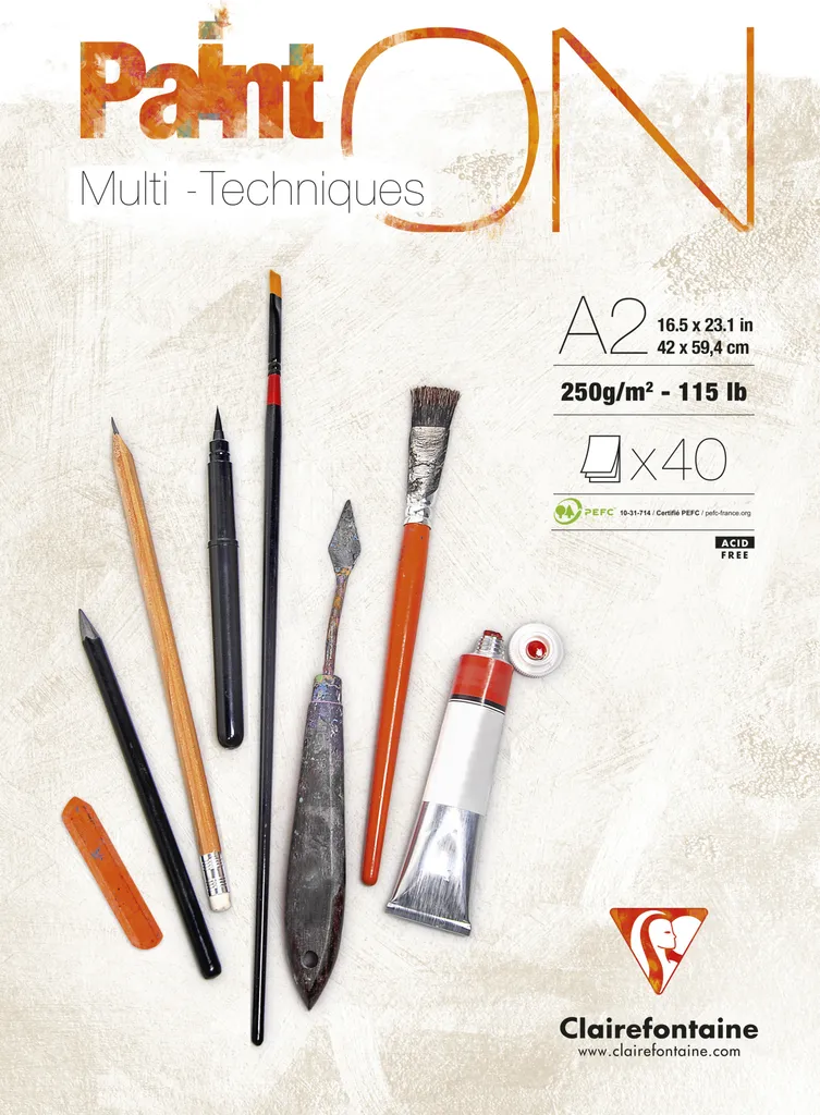 Bloc Dessin A2 Multi-Techniques Clairefontaine PaintOn 250g Blanc