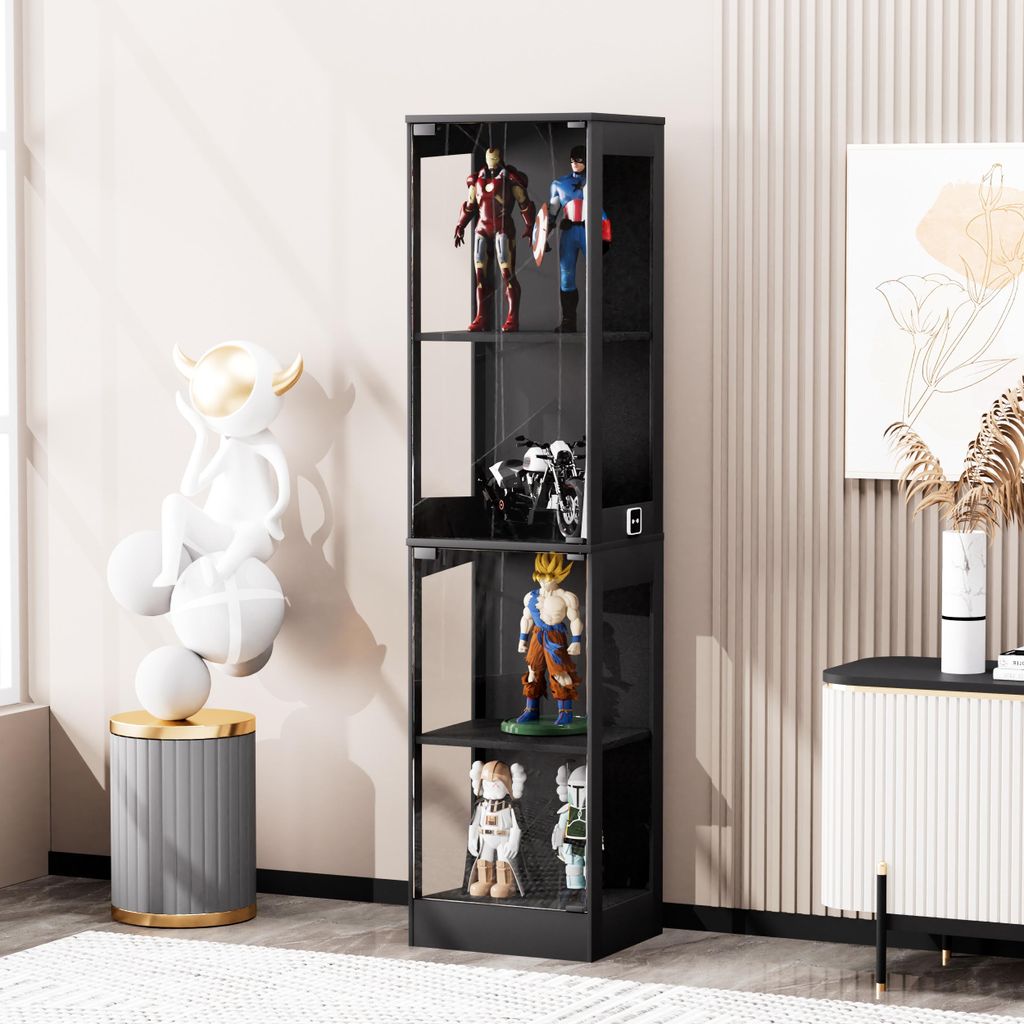 MODFU Vierstöckige Glasvitrine Hochschrank LED-Beleuchtung Wohnzimmerschrank mit Stauraum Glastüren und intelligenten Sensoren geeignet für Wohn...