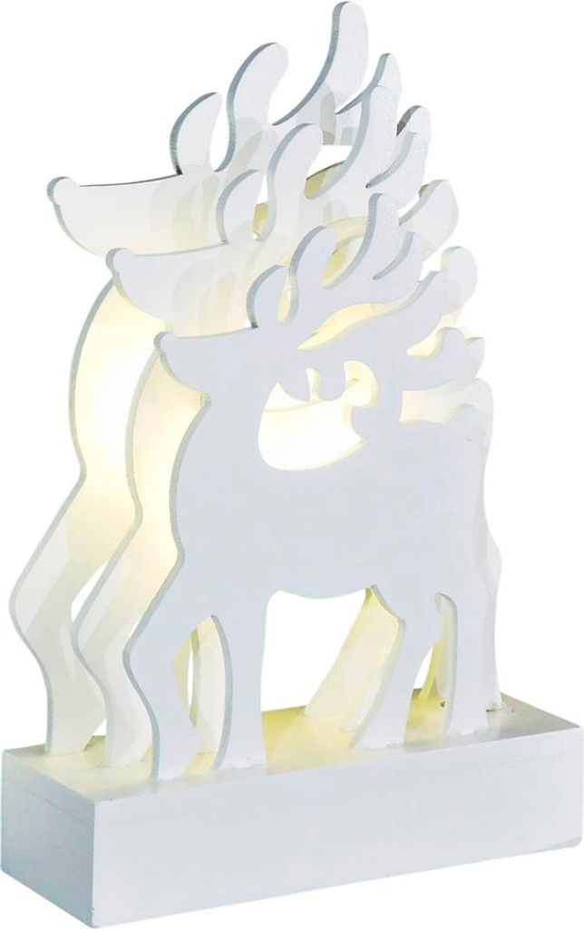 3D-Hirsch aus Holz mit 5 LED, weiß lackiert, Batteriebetrieb, Timer 12 x 4,3 x 18 cm NEU