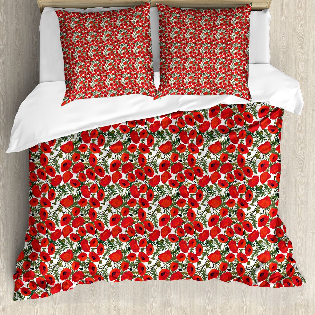 ABAKUHAUS Mohn Bettbezug, Garten Laub Botanical, Milbensicher Allergiker geeignet mit Kissenbezügen, 200 cm x 200 cm - 80 x 80 cm, Grün, Rot, Weiß