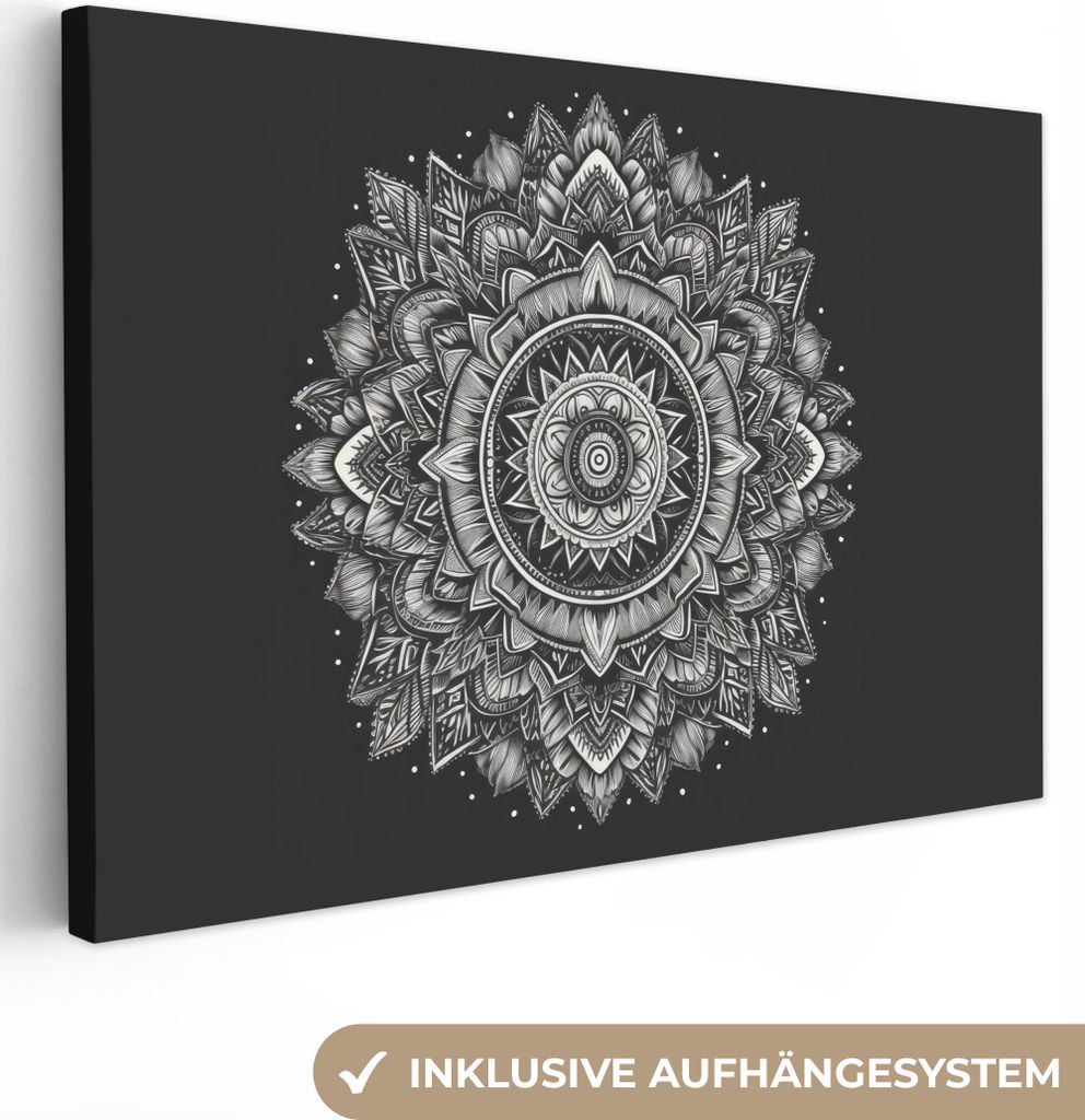 OneMillionCanvasses - Leinwandbilder - 140x90 cm, Mandala - Schwarz und weiß - Blumen - Böhmisch - Natur, Wandbilder Kunstdruck Wanddekoration ...